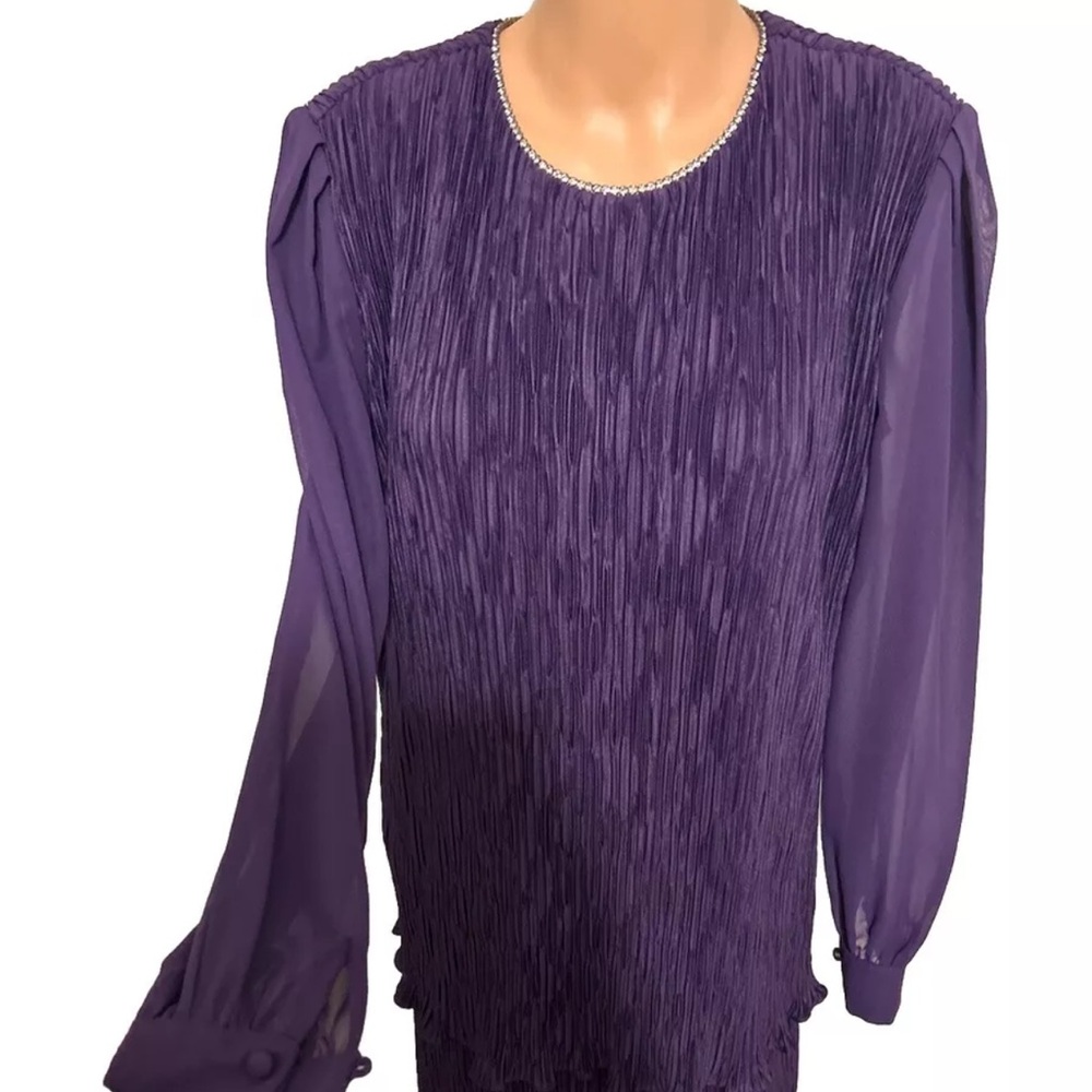 Vintage Patra Semi Formal Purple Crinkle Cocktail Dress 10 Embellished Neckline
